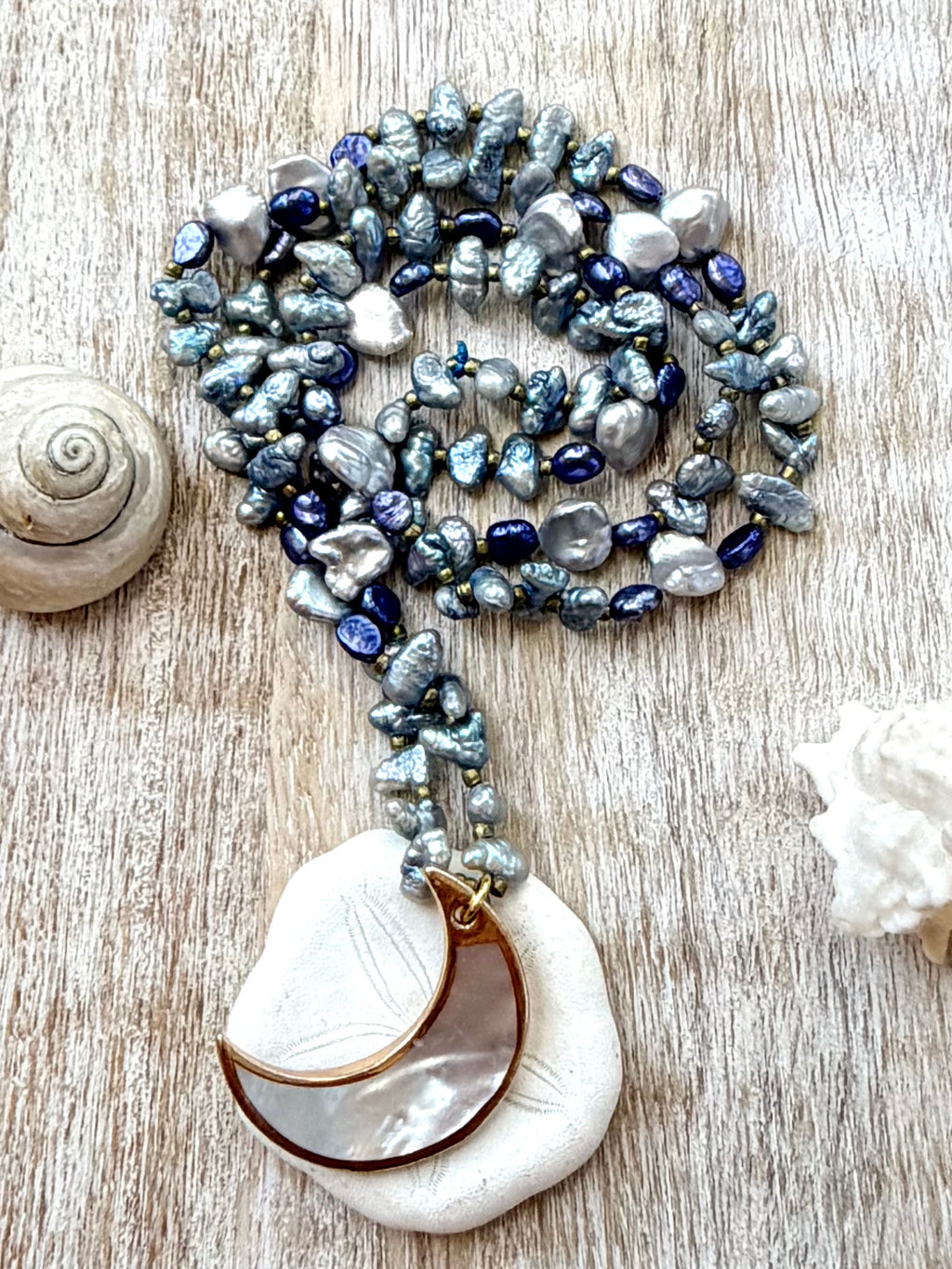 Huntington Beach Pearl & Abalone Moon Necklace