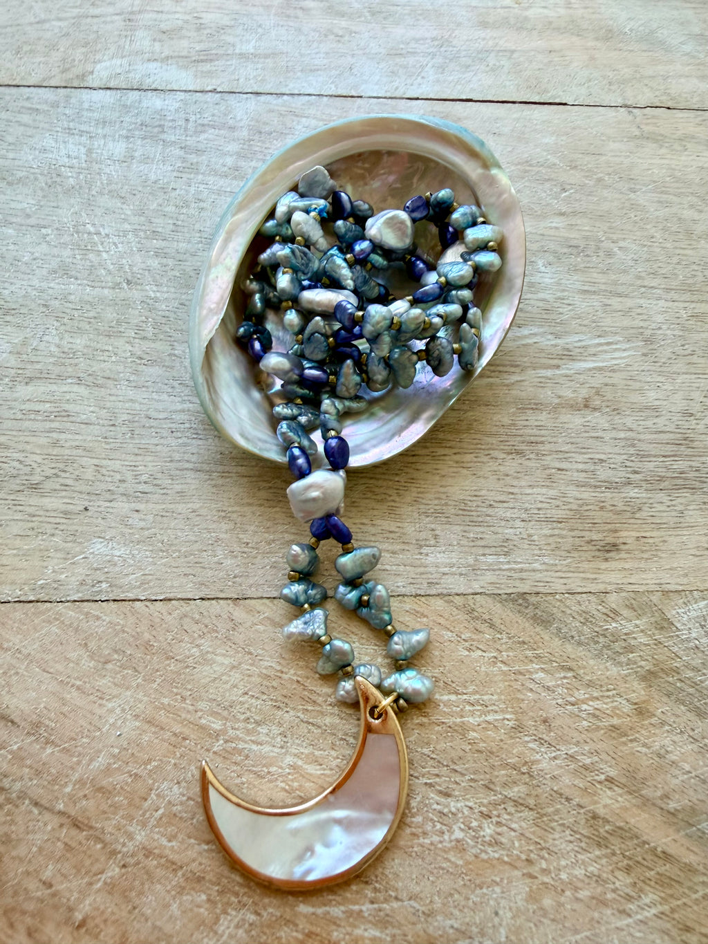Huntington Beach Pearl & Abalone Moon Necklace