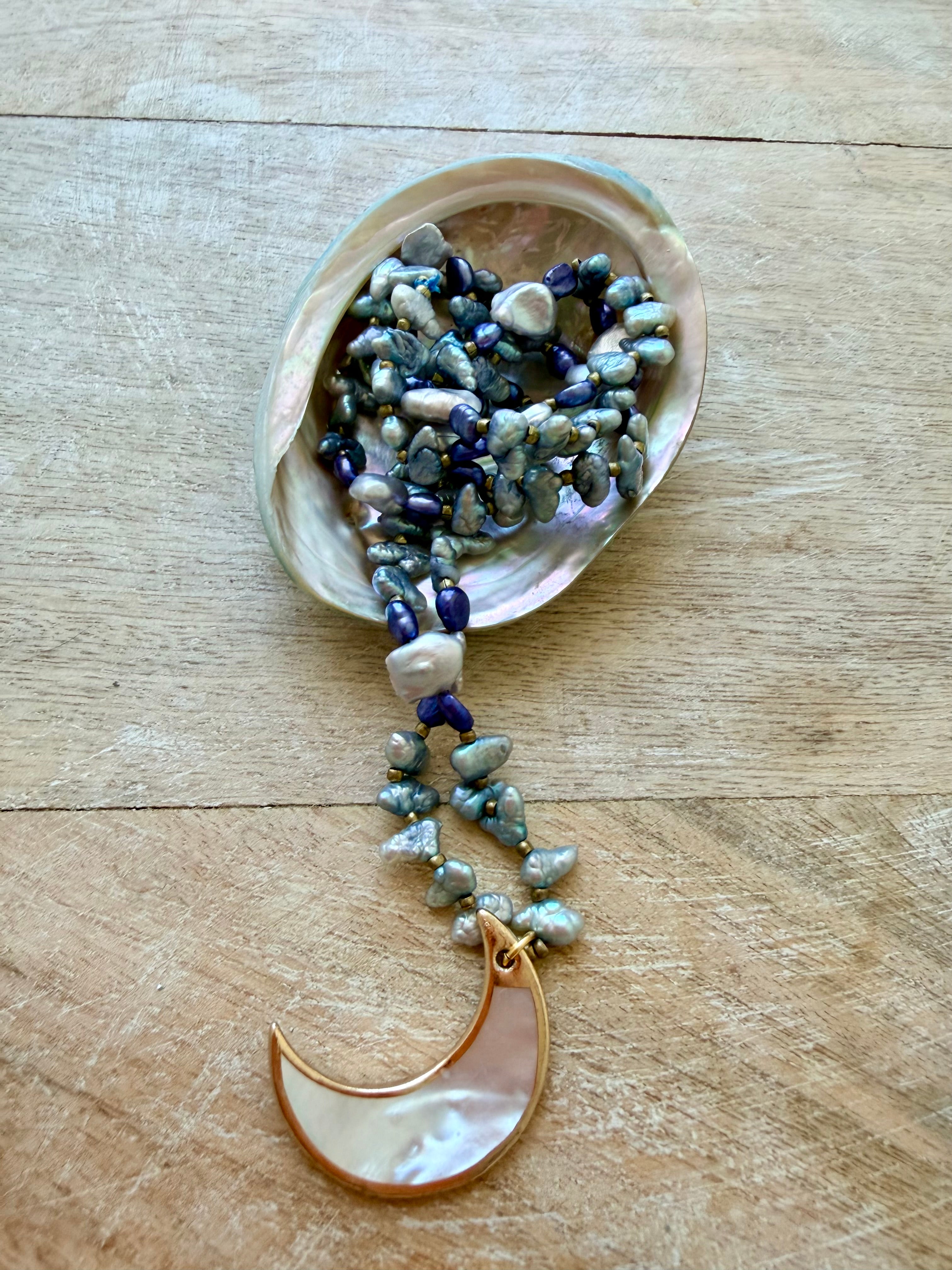 Huntington Beach Pearl & Abalone Moon Necklace