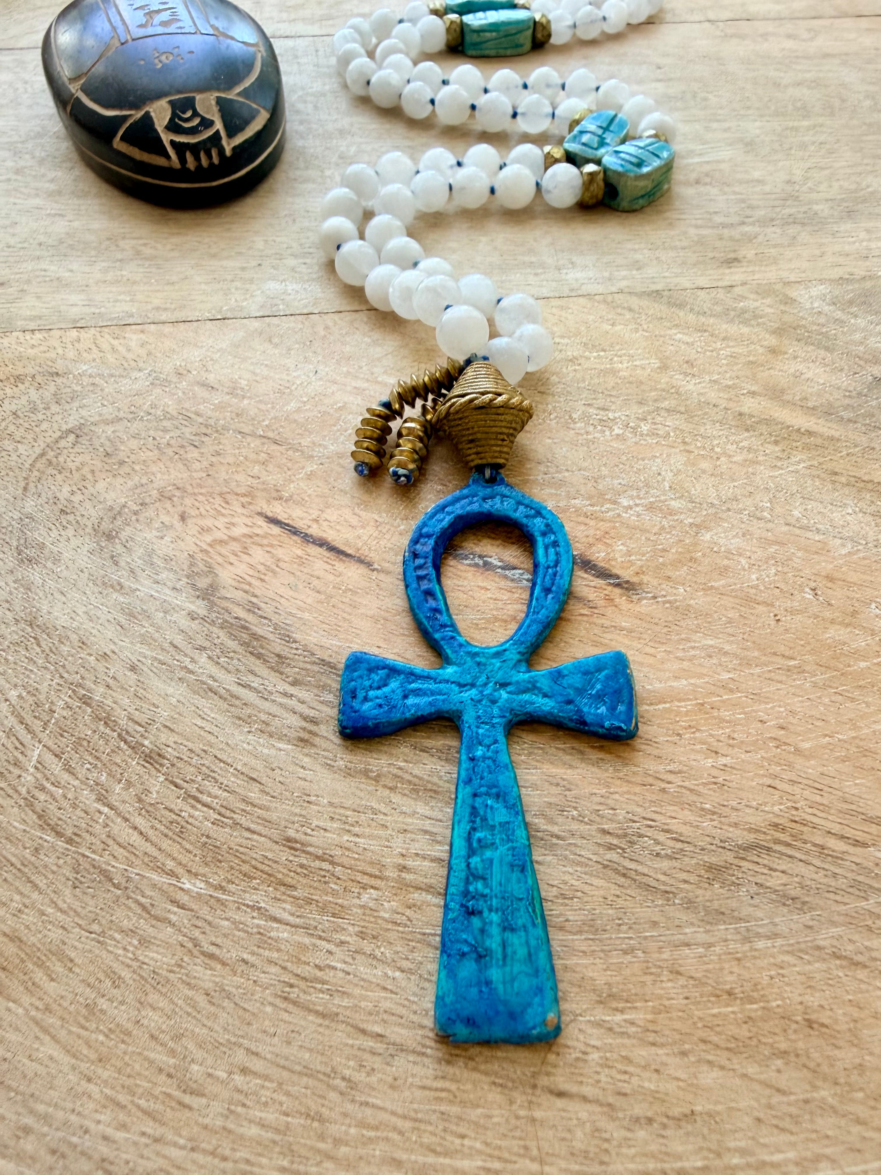 Cleopatra Moonstone Scarab Ankh Necklace