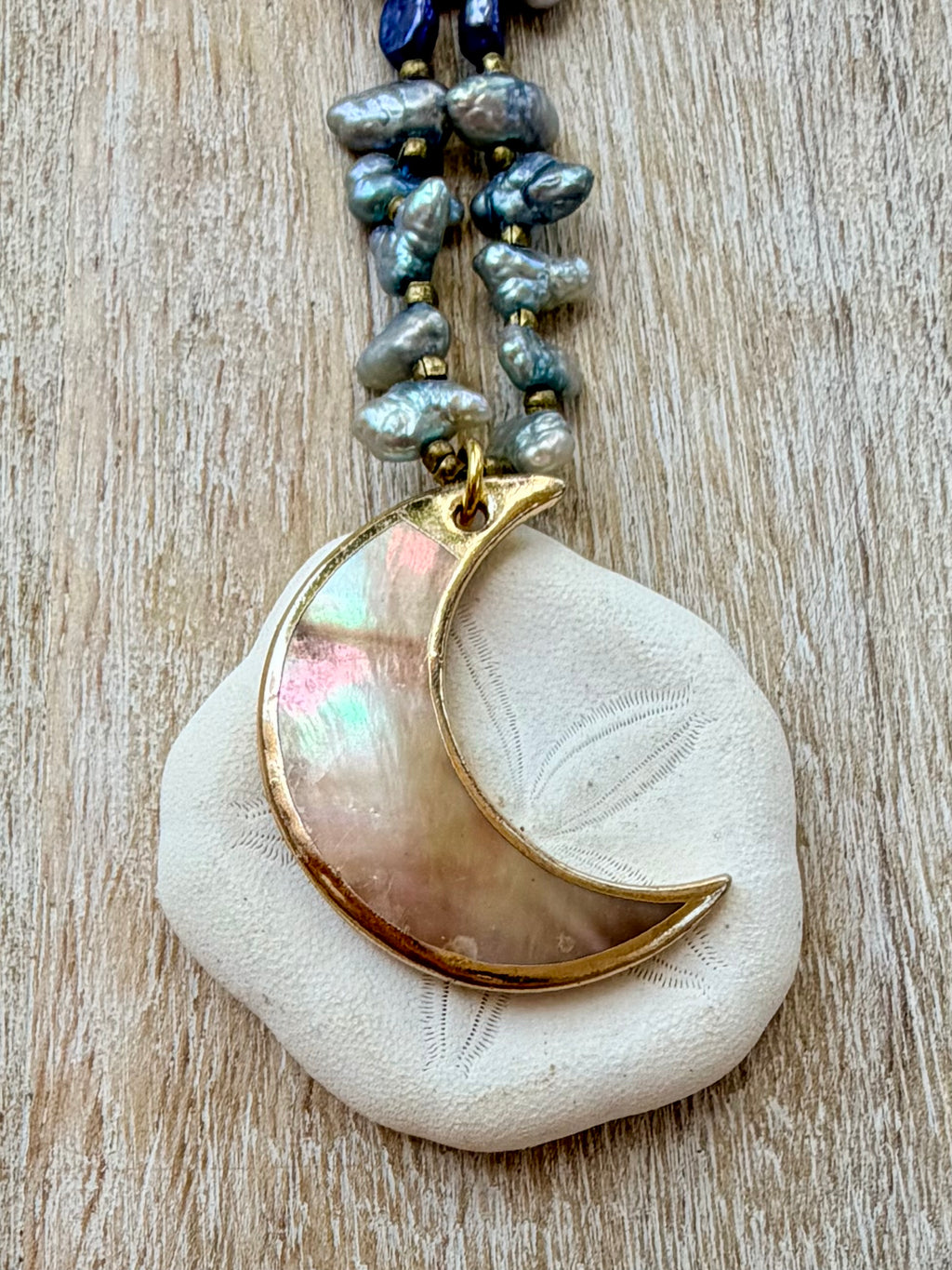 Huntington Beach Pearl & Abalone Moon Necklace