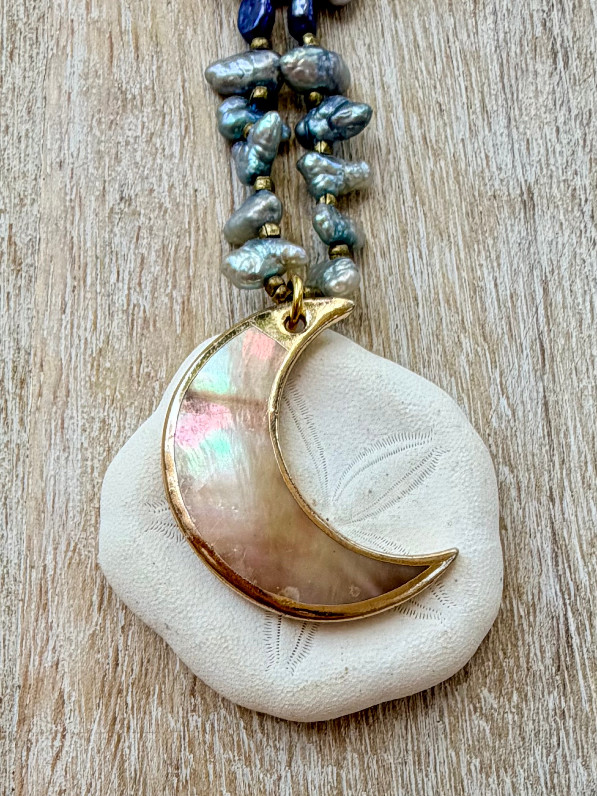 Huntington Beach Pearl & Abalone Moon Necklace