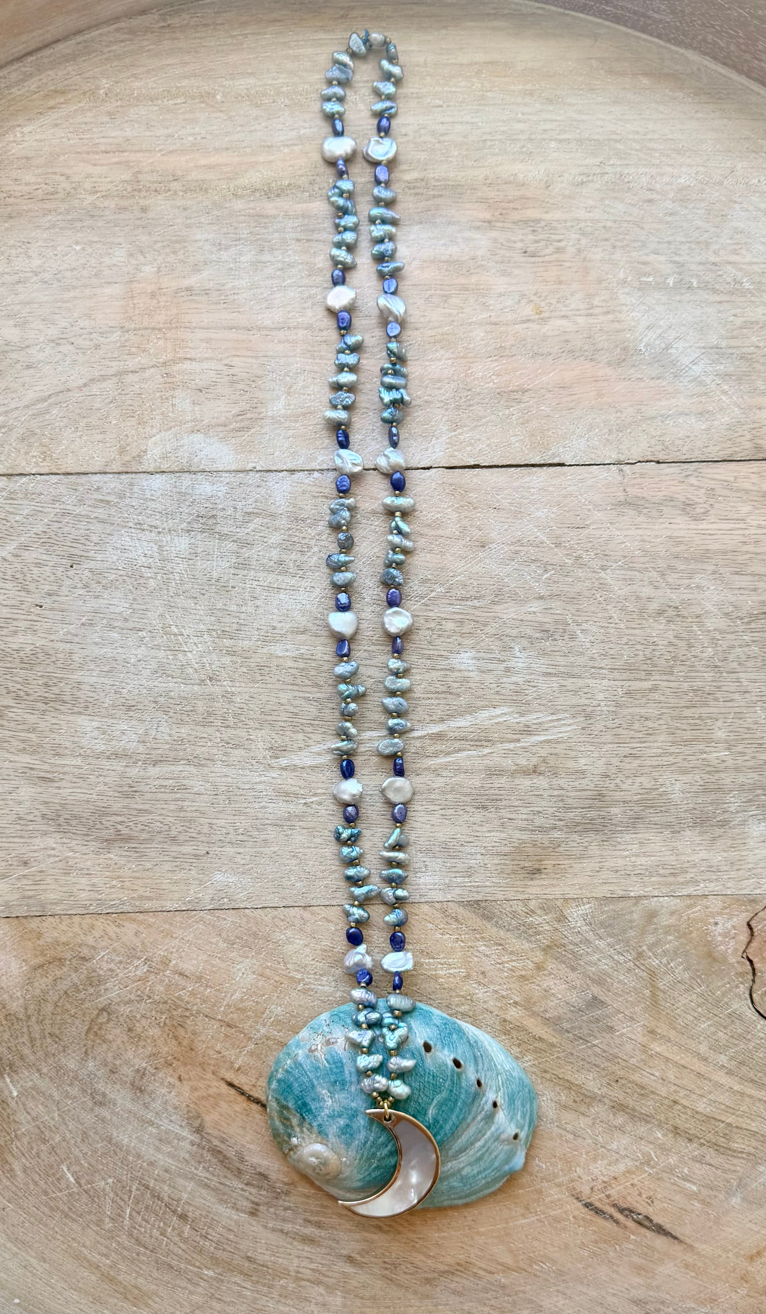 Huntington Beach Pearl & Abalone Moon Necklace