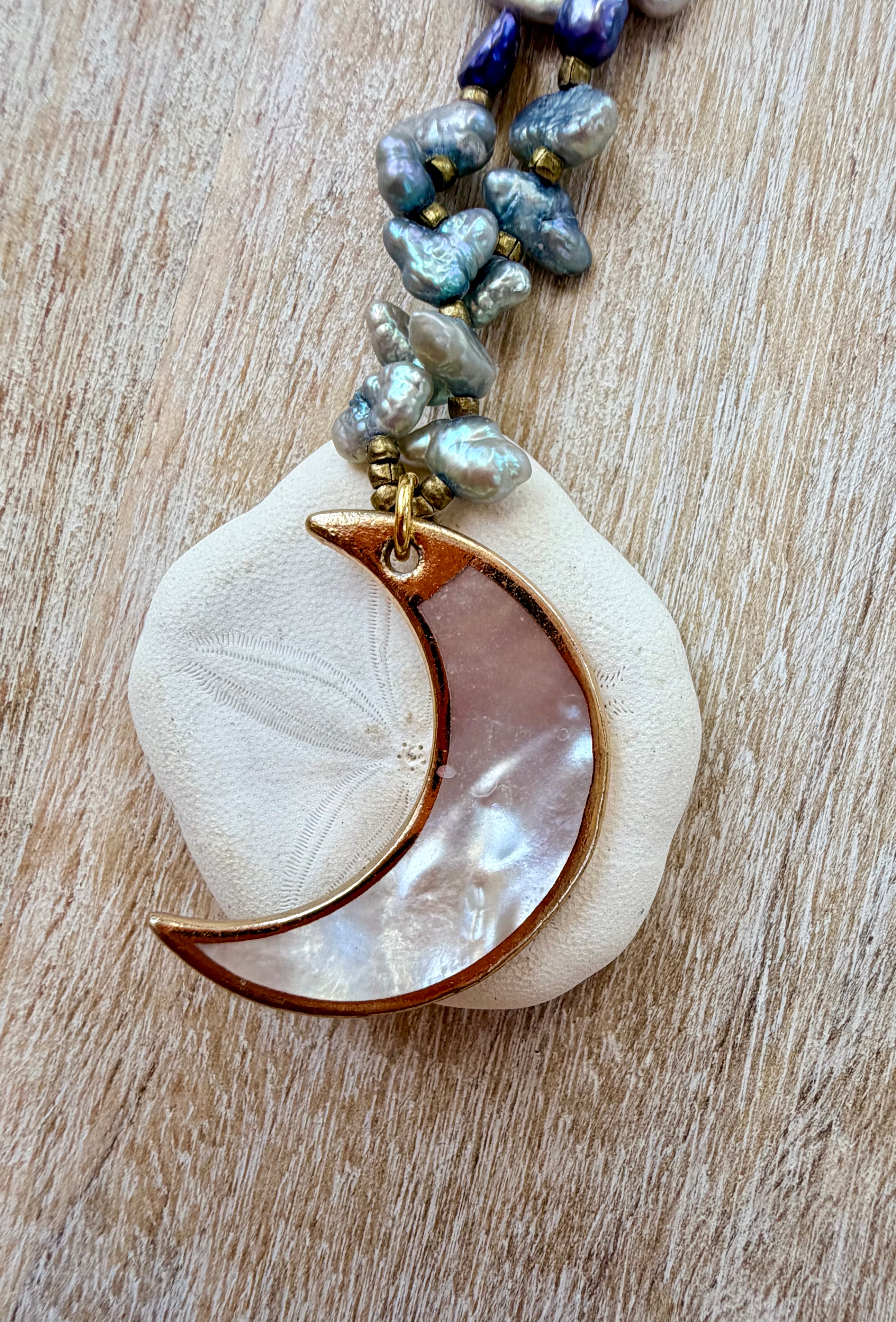 Huntington Beach Pearl & Abalone Moon Necklace