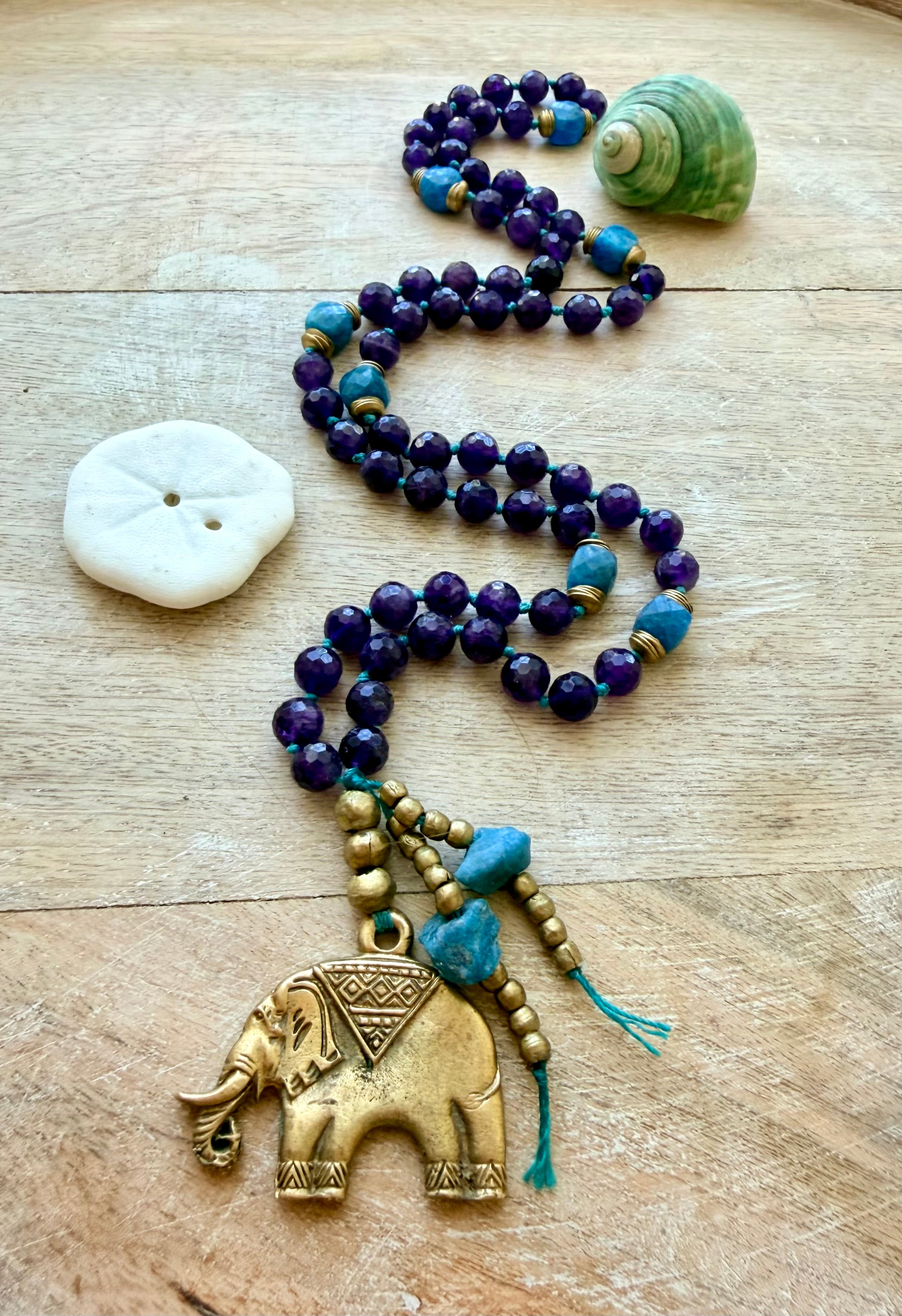 Amethyst & Apatite Elephant Pendant Necklace