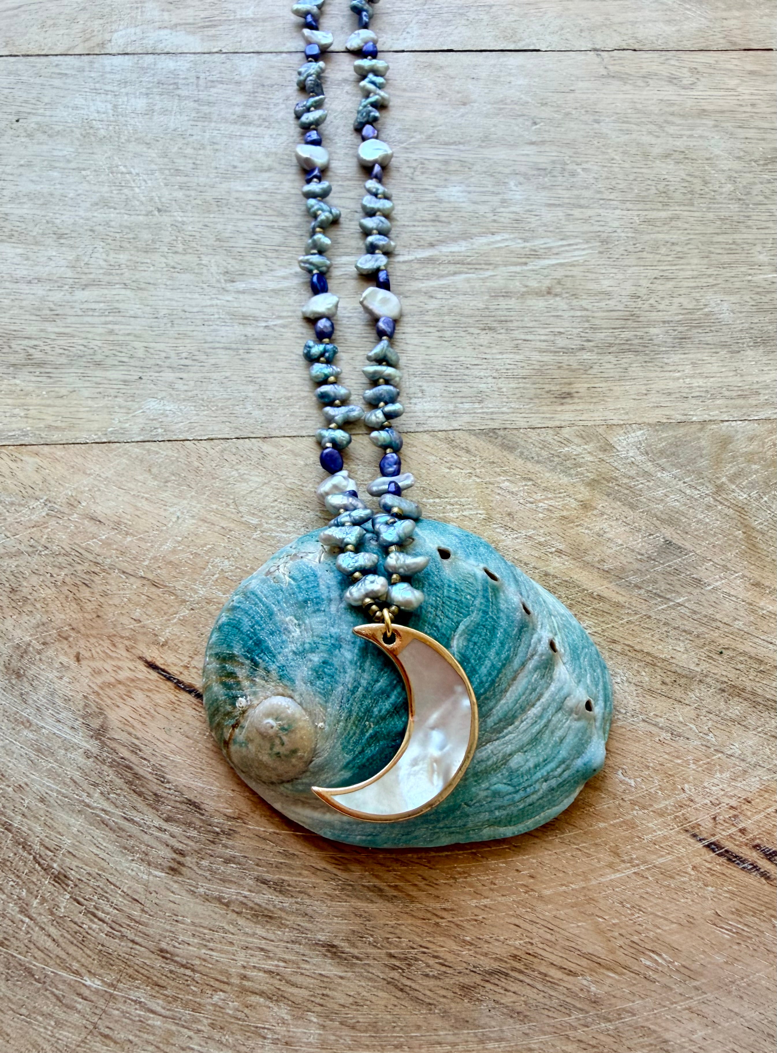Huntington Beach Pearl & Abalone Moon Necklace