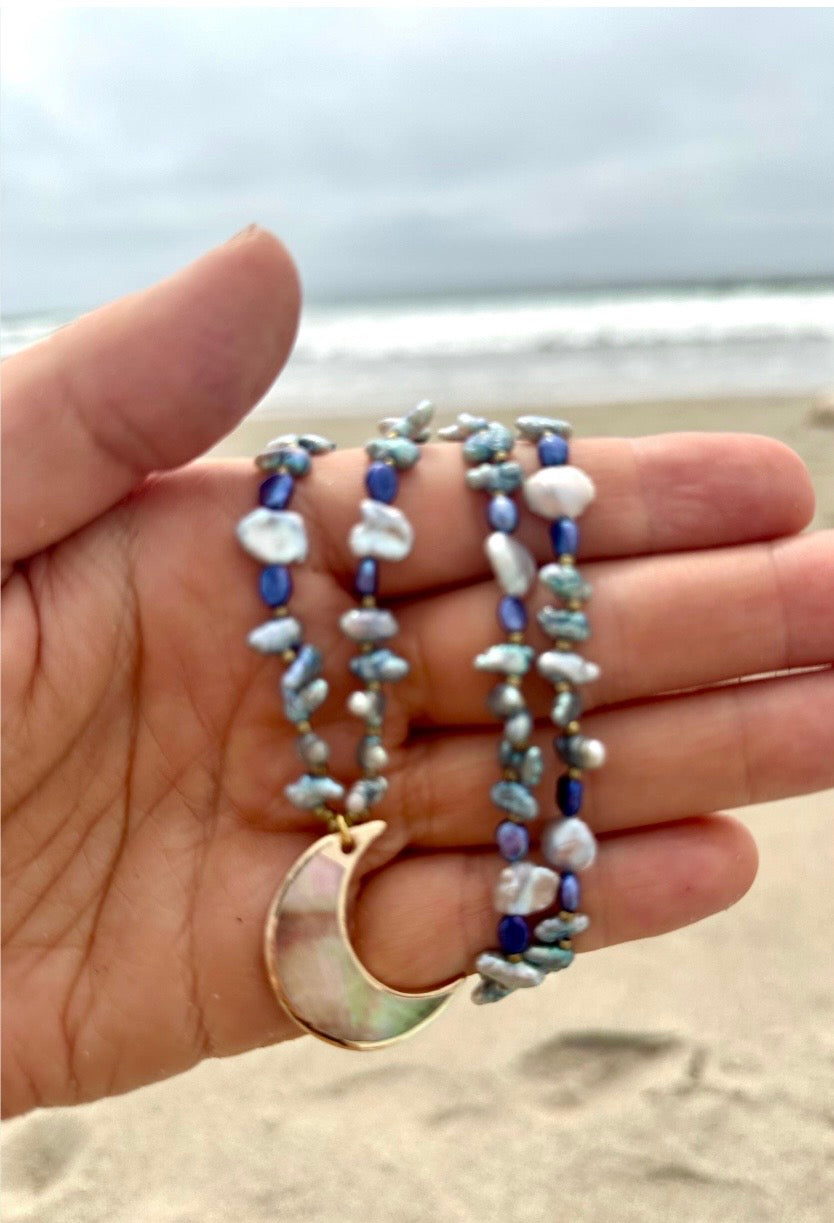 Huntington Beach Pearl & Abalone Moon Necklace