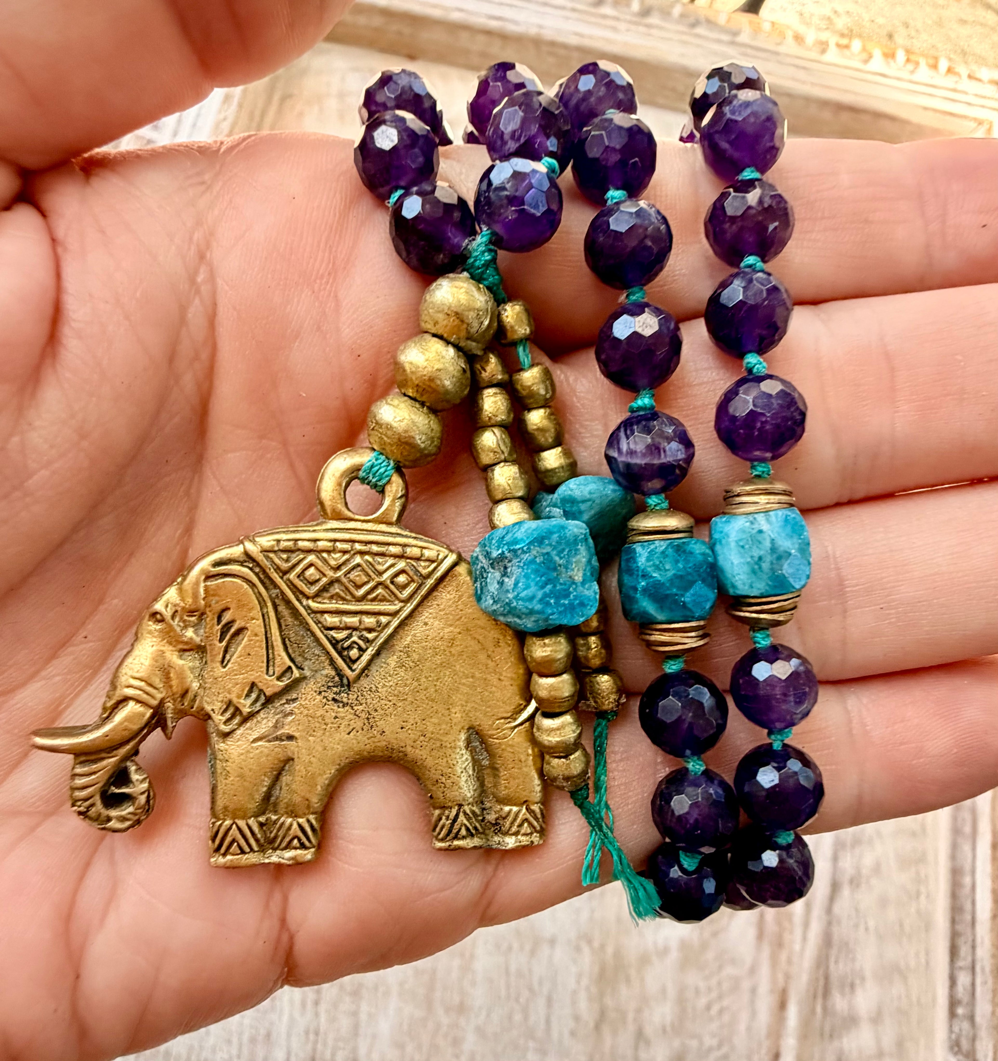 Amethyst & Apatite Elephant Pendant Necklace