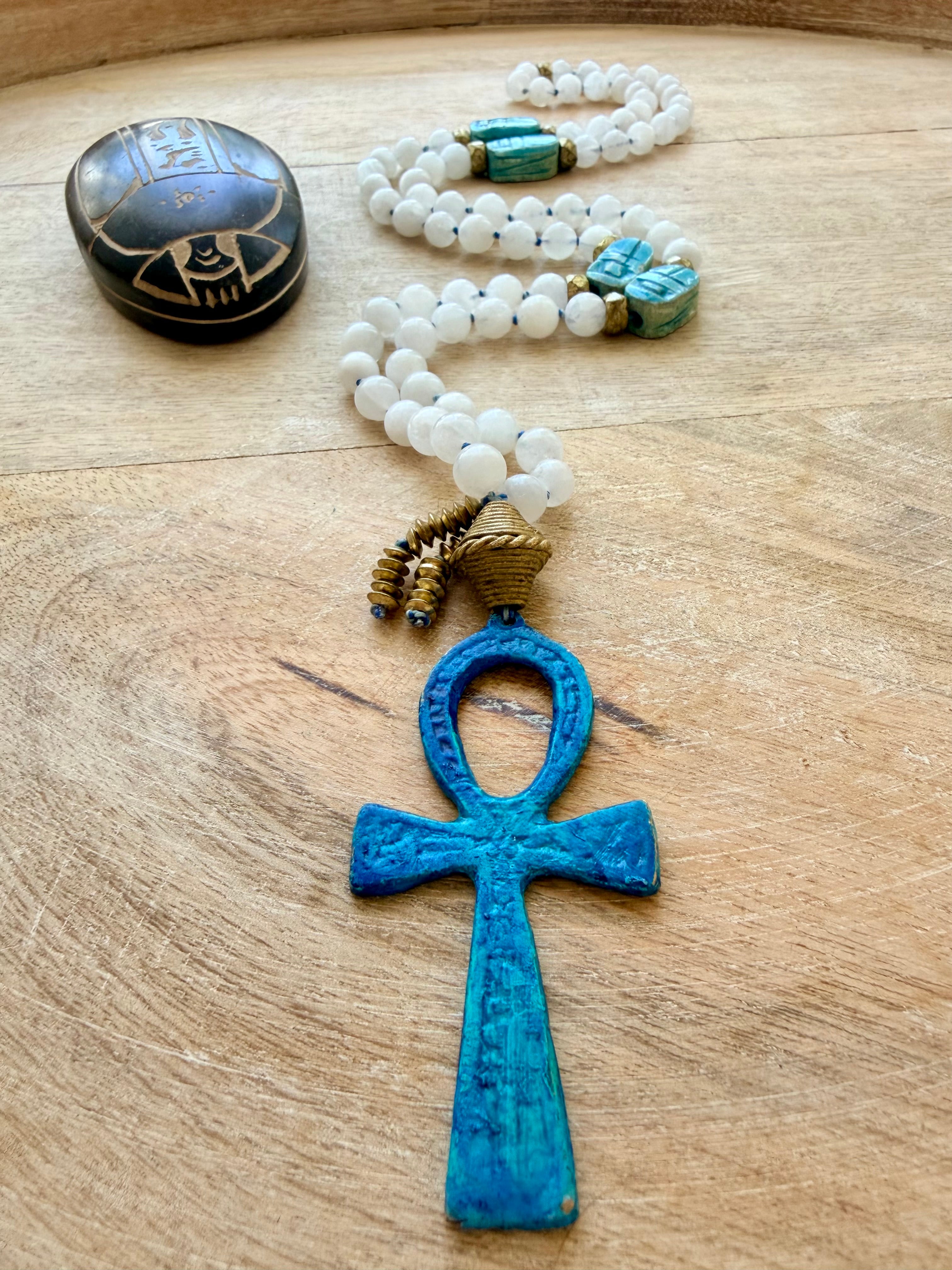 Cleopatra Moonstone Scarab Ankh Necklace