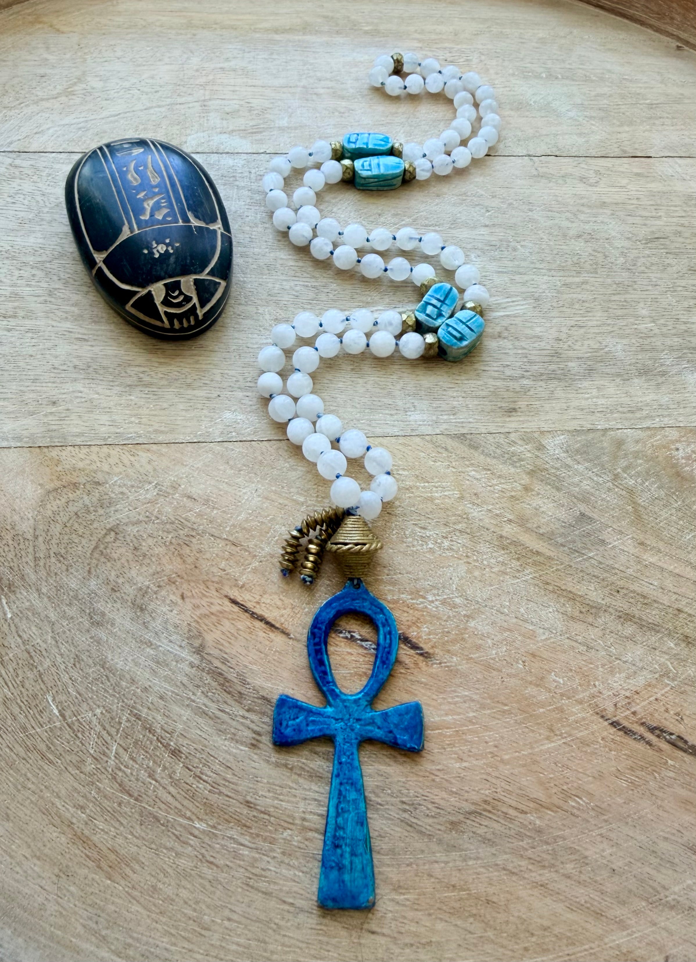 Cleopatra Moonstone Scarab Ankh Necklace