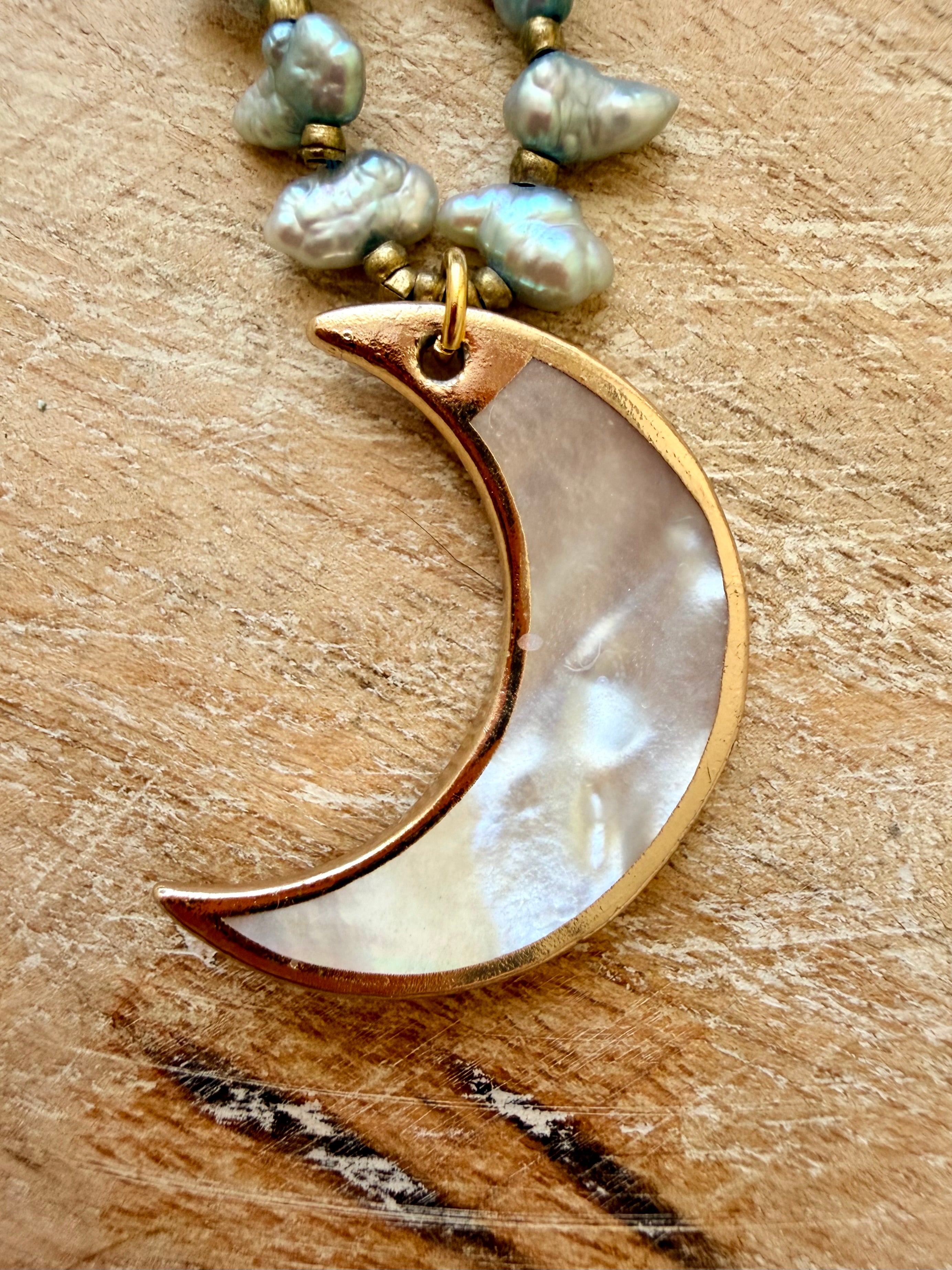 Huntington Beach Pearl & Abalone Moon Necklace