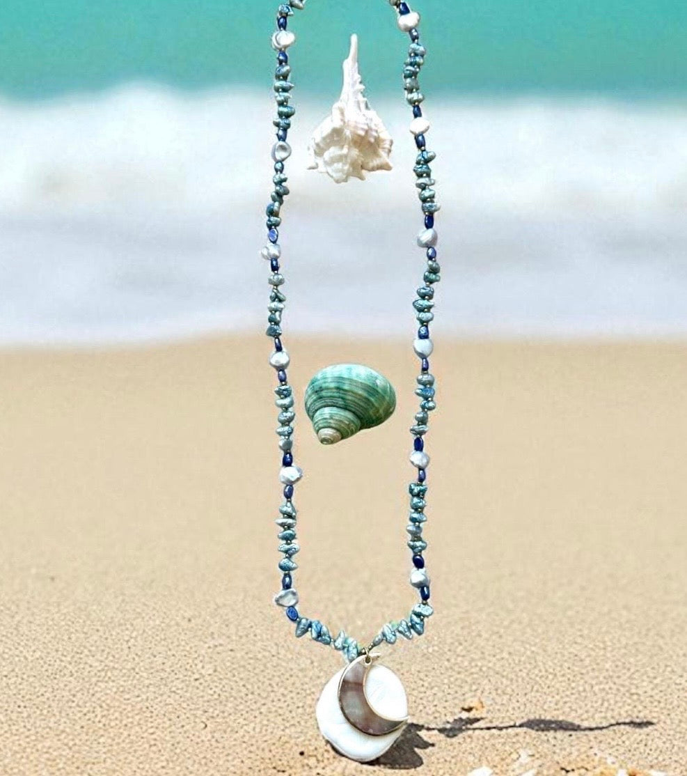Huntington Beach Pearl & Abalone Moon Necklace