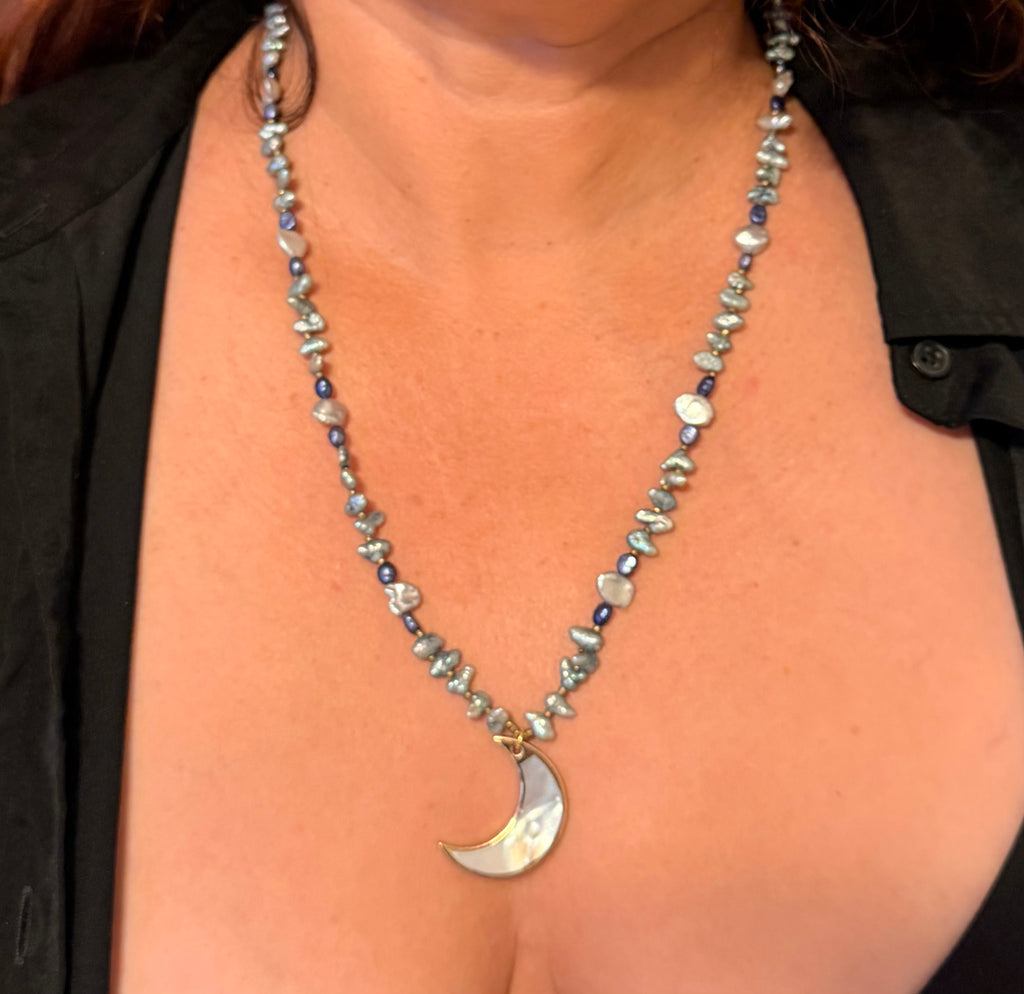 Huntington Beach Pearl & Abalone Moon Necklace